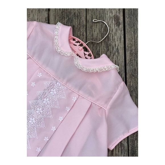 1950s Goosey Gander Pink Party Dress White Floral Embroidery Peter Pan Collar - Picture 3 of 16